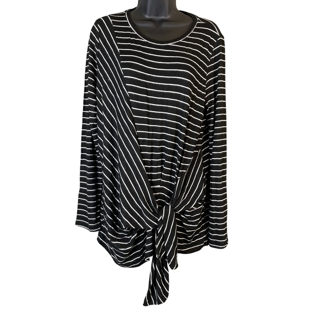 NWT Gibson Women's Black Ivory Striped Front Tie Knot Long Sleeve Top Large